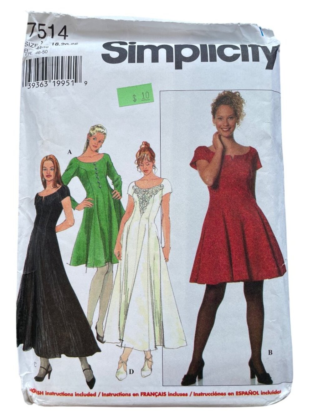 Vintage 90s Simplicity 7514 Dress Sewing Pattern Size 14-22 Dressmaking UNCUT